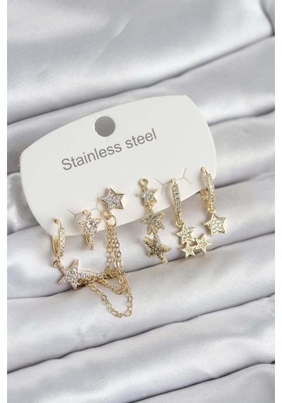 316l Çelik Gold Renk 6'lı Set Zincirli Yıldız Modelli Kadın Küpe Altın