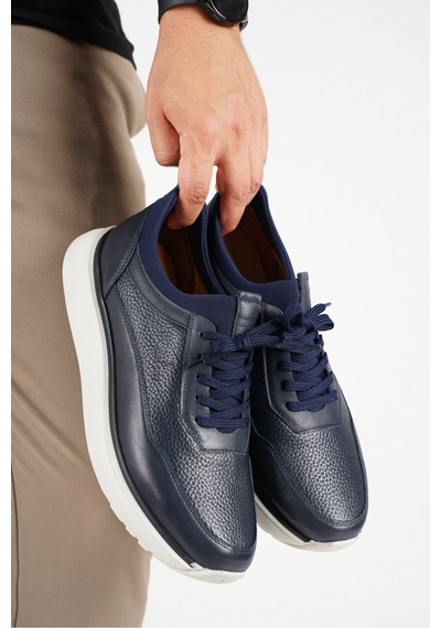 Fame Step Hakiki Deri Erkek Yürüyüş Ayakkabısı Casual Comfort Streç Yapı Bağcıksız Kullanım Ortopedik Günlük Rahat Taban Lacivert Sneaker