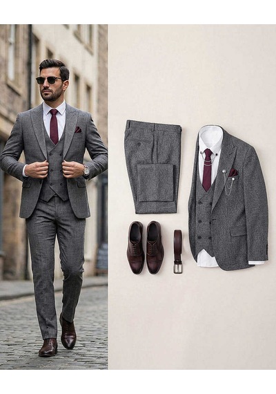 Bys Beystil Sivri Yaka Gri Kırçıllı Takım Elbise Storm- Slim Fit