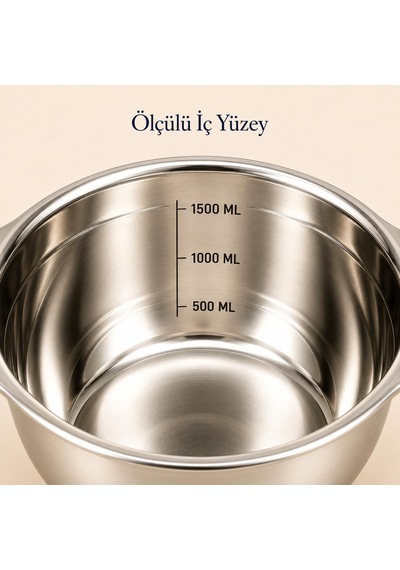 Paslanmaz Çelik 1500 Ml Ölçülü Kap 23 Cm, İç Ölçek Çizgili 1,5 Litre Karıştırma Ve Hazırlık Kabı, Çift Yan Tutamaçlı Mutfak Ölçü Kabı Çok Renkli