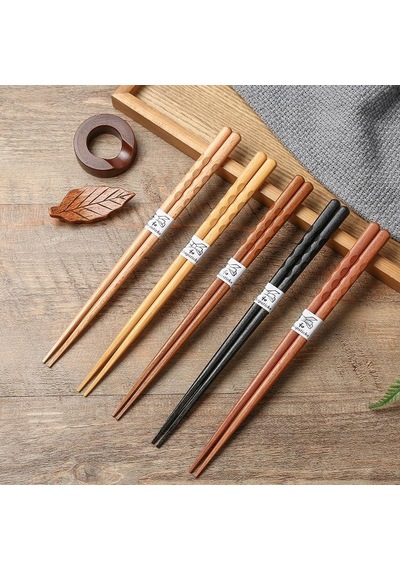 Valkyrie 5 Çift Doğal Ahşap Japon Yemek Çubuğu Seti 22,4 Cm Kaymaz El Oyması Kutulu Chopstick Seti