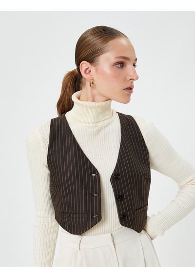 Koton Crop Yelek Düğmeli Mini Cepli Ekru Çizgili 4wak10238ek Ekru Çizgili