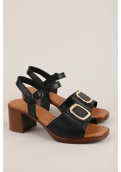 Gondol Kadın Hakiki Deri Orta Topuklu Günlük Sandalet İz.13135 Siyah