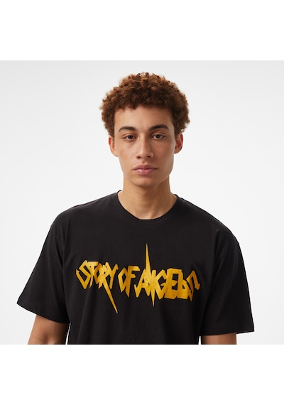 Story Of Angels Storyf Of Angels Rock N Roll Gold Linen Erkek Siyah T-shirt Soa1302