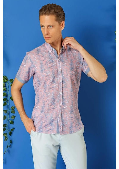 Efor Slim Fit Düğmeli Yaka Desenli Kısa Kol Pamuk Lila Gömlek G 1499 Lila