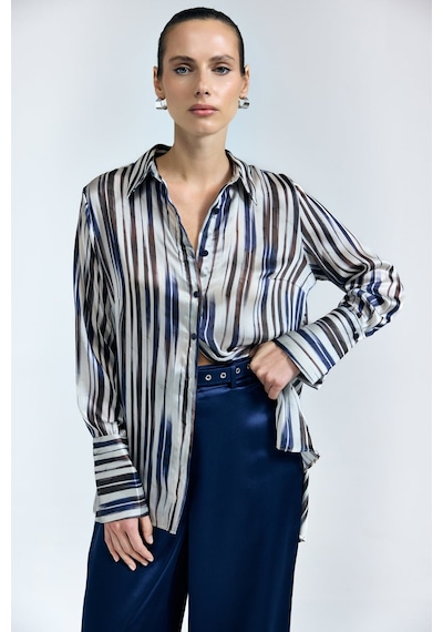 Sateen Desenli Salaş Gömlek - Lacivert-137339