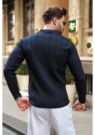 Madmext Koyu Lacivert Polo Yaka Desenli Over Fit Erkek Triko Kazak E7517