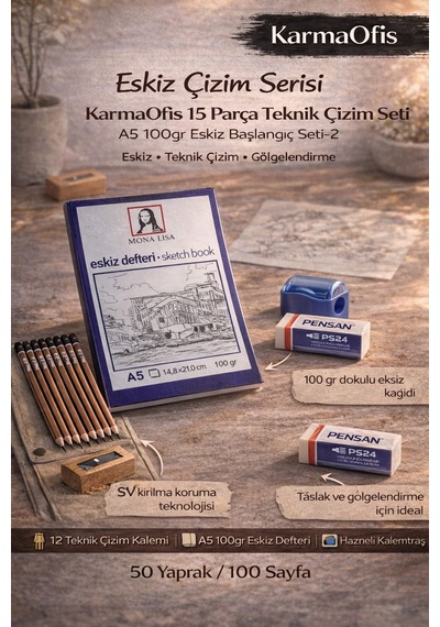 15 Parça Teknik Çizim Seti Spiralsiz A5 100gr Eskiz Defteri+12 Kalem+silgi+kalemtıraş