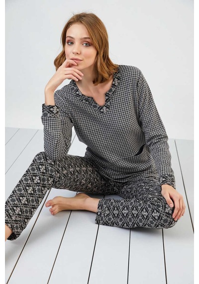 Sevim 13174 Kadın V Yaka Cepli Jakar Pijama Takım 001