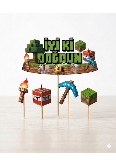 Minecraft Temalı Pasta Kürdan Seti 5'li Doğum Günü Pasta Süsleme Dekoru