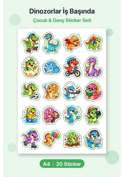 Dinozorlar İş Başında 20 Adet Mini Dinozor Sticker Çıkartma A4 Kırtasiye Etiketi Çok Renkli