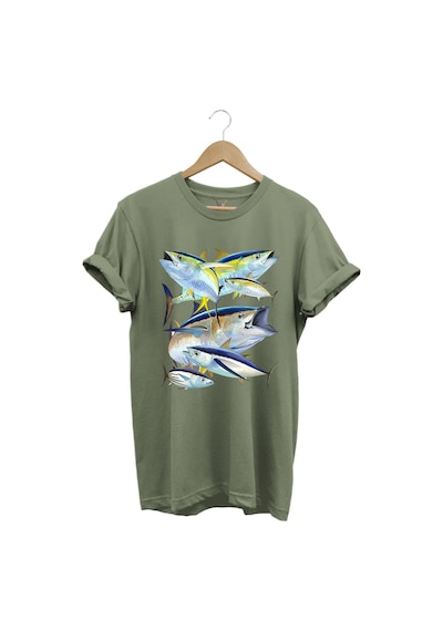 Balık Desenli Gümüş Balığı Baskılı %100 Pamuk Regular Fit Bisiklet Yaka Haki T-shirt Haki
