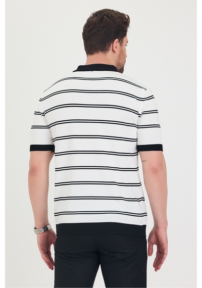 Cool Tarz Erkek Polo Yaka Beyaz Çift Çizgi Detaylı Siyah Triko T-shirt Beyaz Beyaz