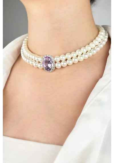 Kristal Uçlu İnci Choker Kolye - Mor Çok renkli