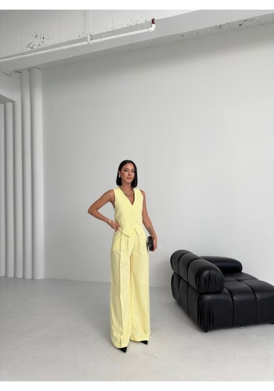 Moderie Butik Keten Sirti Çapraz Geçi Şli Cepken Pantolon Takim Sari