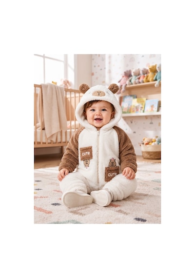 Chicsy Baby Tatlı Ayıcık Nakışlı Bebek Welsoft Tulum Kapüşonlu Kulaklı Fermuarlı Cepli Kışlık Peluş Tulum Açık Kahverengi