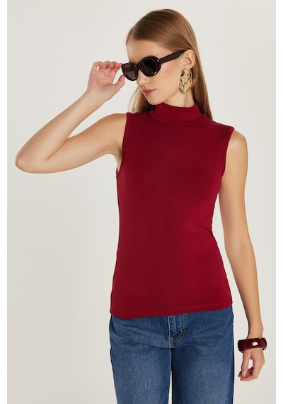 Tudors Kadın Regular Fit Klasik Kesim Viskon Kumaş Balıkçı Yaka Sıfır Kol Bordo Bluz-34816 Bordo
