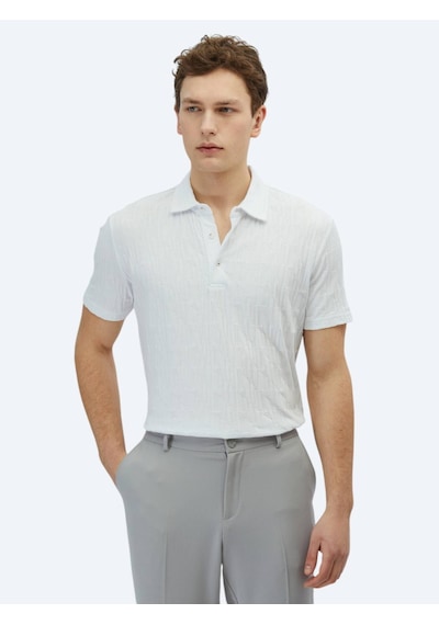 Kip Beyaz Desenli Polo Yaka %100 Pamuk T-shirt Beyaz