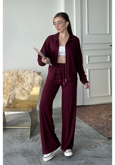 Balenbi Kadın Modal Kumaş Fermuarlı Dik Yaka Takım 1118 Bordo