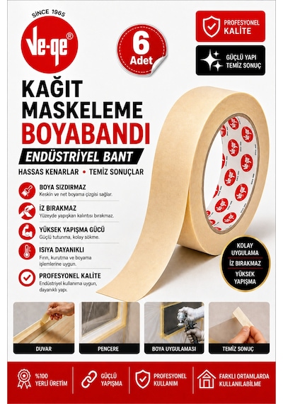 Kağıt Maskeleme Bandı Endüstriyel Maskeleme Bandı 18 Mm X 30 Mt 6 Adet