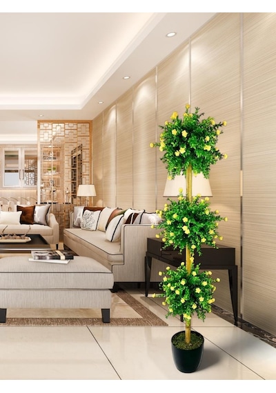 Yapay Ağaç Sarı Mineli Şimşir Top Siyah Saksılı 115 30cm