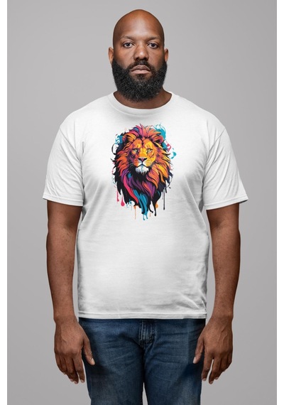 Renkli Yağlı Boya Aslan Unisex Unisex Beyaz Organik Baskılı T-shirt Penye Yüksek Kalite Beyaz