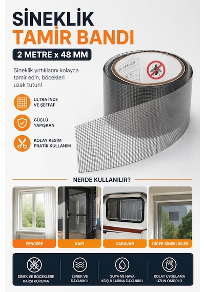 Sineklik Tamir Bandı 2 Adet Set 2 Metre X 48 Mm Yapışkanlı Sineklik Yama Ve Onarım Bandı