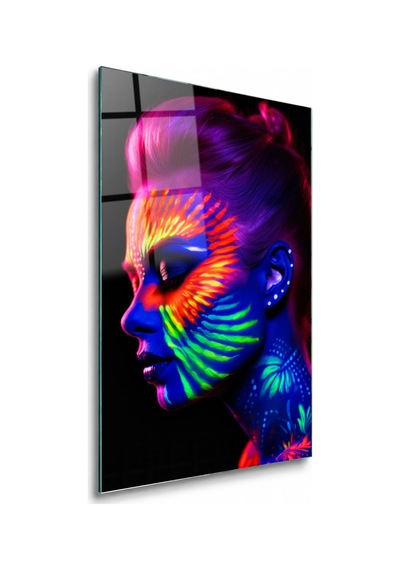Neon Boyalı Kadın Profili Çerçevesiz Cam Tablo