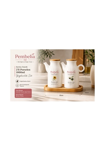 Bambu Standlı Etiketli Çizgili 2 Li Porselen 1000 Ml Yağdanlık Seti Yağlık Takımı Beyaz Beyaz