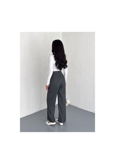 Gugus Kadın Cepsiz Dokuma Kumaş Pantolon Beli Cırtlı Bol Paça Wide Leg Model Füme