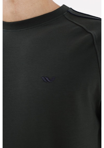 Rowinger Çift Şeritli Raglan Kol Minimal Logolu Bisiklet Yaka Sweatshirt Haki