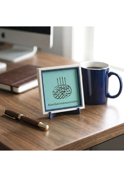 Besmele-i Şerif Modern Dekoratif Obje, Turkuaz Deri Ve 10x10 Cm Minyatür Tasarım, Ev & Ofis İçin