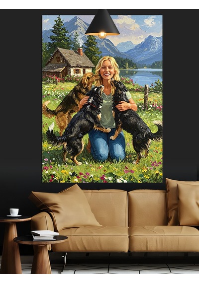 Doğada Kadın Ve Köpeklerin Sevgisi Dekoratif Kanvas - Mdf Ahşap Tablo