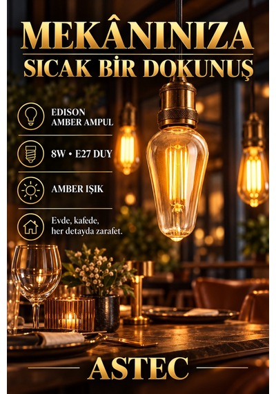 Astec E27 Edison 8 Watt Amber Filament Ampul Dekoratif Filament Led