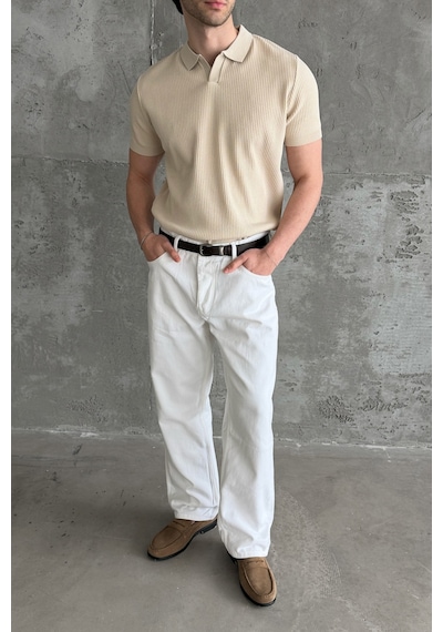 Erkek Petek Desen Polo Yaka Triko T-shirt Bej