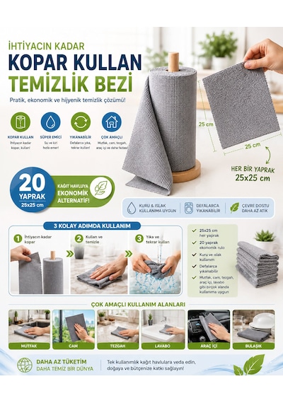 20 Yaprak Gri Renk Mikrofiber Genel Temizlik Bezi Leke Tutmaz Koku Yapmaz 25 25 Cm Kopart Kullan Açık Gri