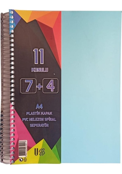 7+4 Ayraçlı Defter 11 Konulu 225 Yaprak 1 Adet 7 Kareli 4 Çizgili Spralli Plastik Kapak Seperatörlü Mavi