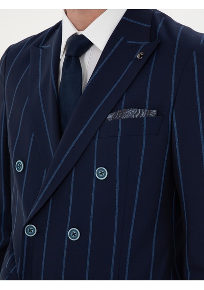 Cacharel Lacivert Slim Fit Çizgili Yün Takım Elbise