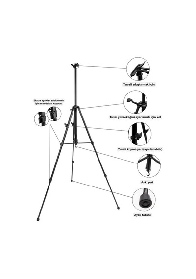 Katlanabilir Metal Tripod Şövale - Kollu Yükseklik Ayarlı, Taşıma Çantalı, Siyah
