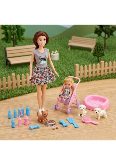 Good Girl Anne Kız Pet Shop Oyun Seti - 29 Cm Oyuncak Bebek, Yavru Köpekler Ve Pusetli Evcilik Seti Kahve