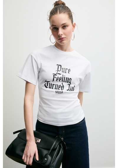 Grımelange Lavınya Kadın Yumuşak Kumaşlı %100 Pamuk Baskı Detaylı Beyaz T-shirt Beyaz