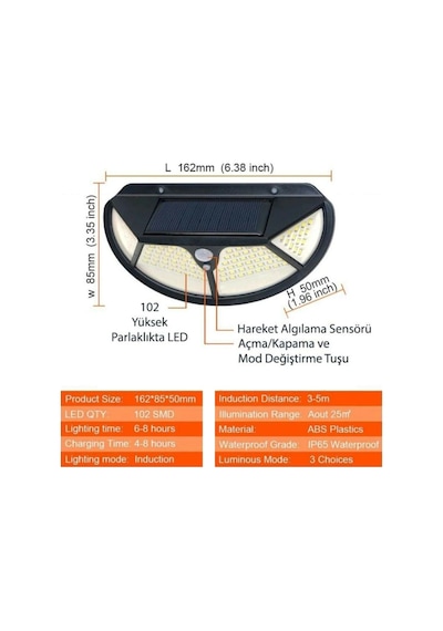Güneş Enerjili Hareket Sensörlü 102 Led Bahçe Lambası (527700402) Diğer