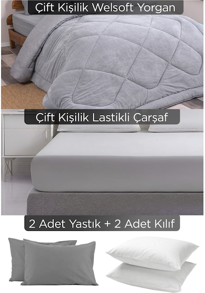 Çift Kişilik Özel Çantalı 6 Parça Wellsoft Yorgan Seti Lastikli Çarşaf, 2 Yastık, 2 Kılıf Gri