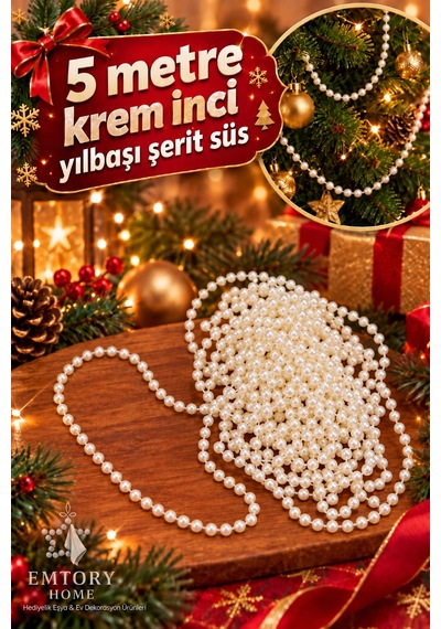 Krem İnci 5 Metre Şerit Toplu Yılbaşı Ağaç Süsü - Yılbaşı Dekor - Yılbaşı Süsleme Boncuk Şerit 6mm Diğer