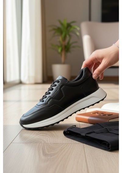 Enoch Hakiki Deri Bağcıklı Erkek Sneaker Ayakkabı Ortopedik Taban Siyah - Beyaz