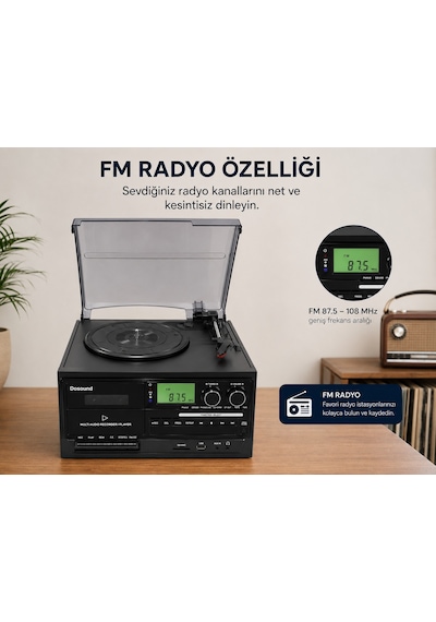 Dosound Tr-17 Ahşap Çok Fonksiyonlu Pikap Kaset Cd Usb Bluetooth Müzik Sistemi 1 Adet