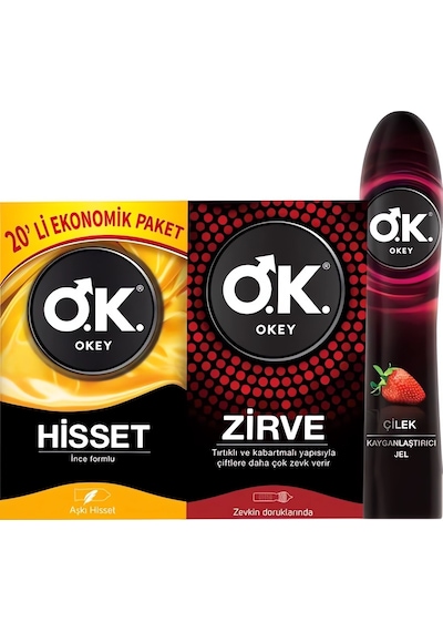 Okey Prezervatif Hisset 20'li + Zirve 10'lu + Çilek Kayganlaştırıcı