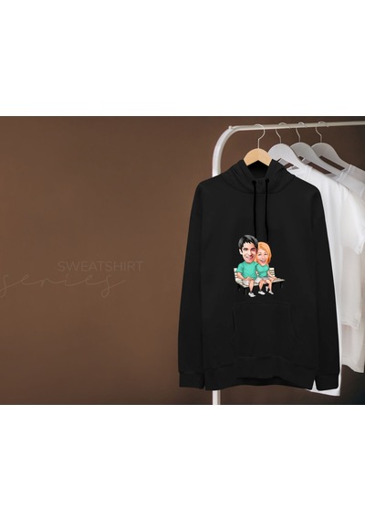 Bk Gift Kişiye Özel Sevgililer Karikatürlü İkili Siyah Sweatshirt Seti, Sevgililer Hediye, Çift Hediyesi, Yıl Dönümü Hediyesi, Kişiye Özel Sweatshirt-22