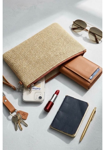 Adelina Bags Hasır Portföy El Çantası Bilek Askılı Saten Astarlı Hasır Görünümlü Clutch Çanta