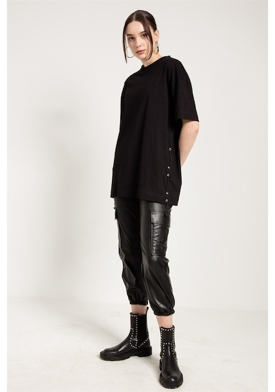 Jahr Marc Yanları Lastikli Oversize Siyah T-Shirt Elbise